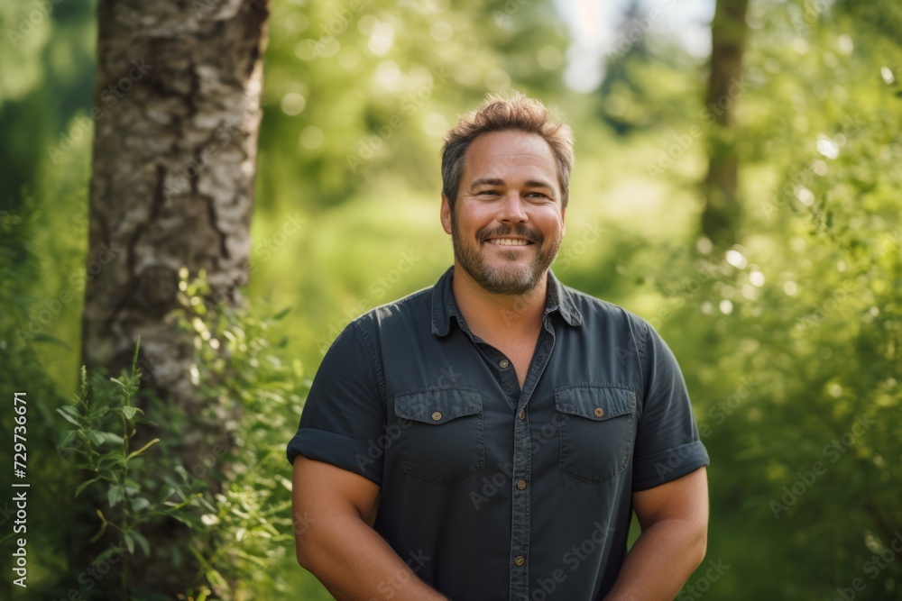 Portrait of a handsome man standing in the park and smiling. Portrait of a handsome man standing in the park and smiling.