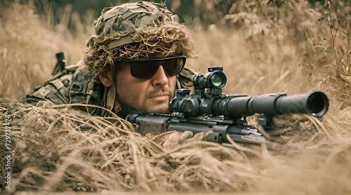 A covert special forces sniper, concealed and lying in wait with his precision rifle photo