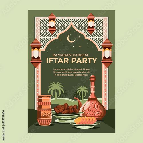 Iftar Party at Ramadhan Kareem Poster Template with food, drink, date fruit, mosque and moon background