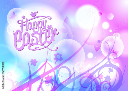 Happy Easter lettering card or poster vector template with fantasy butterflies, flowers and bokeh lights