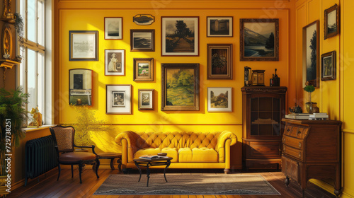 the yellow living room features many pieces of art and various frames