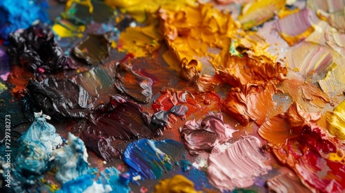 A macro shot of a painters palette covered in a variety of vibrant colors and textures signifying the diversity and constantly evolving nature of art forms in the market.