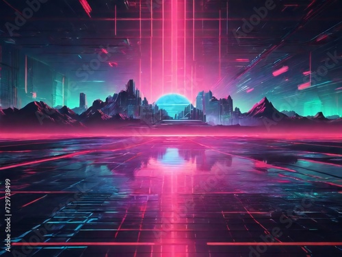 retro futuristic cyberpunk style background. beautiful landscape illustration. background for poster, banner, web, social media. ai generative design