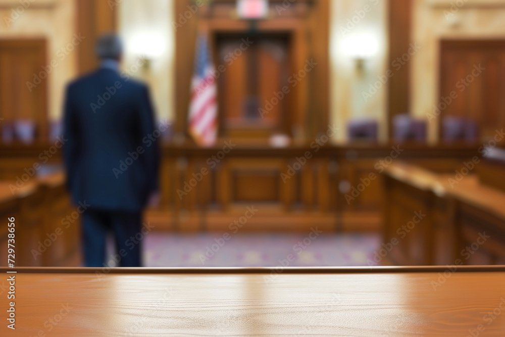 Back view of a person in a suit standing in a courtroom with an American flag in the background, representing legal concepts and the justice system, background with a place for text