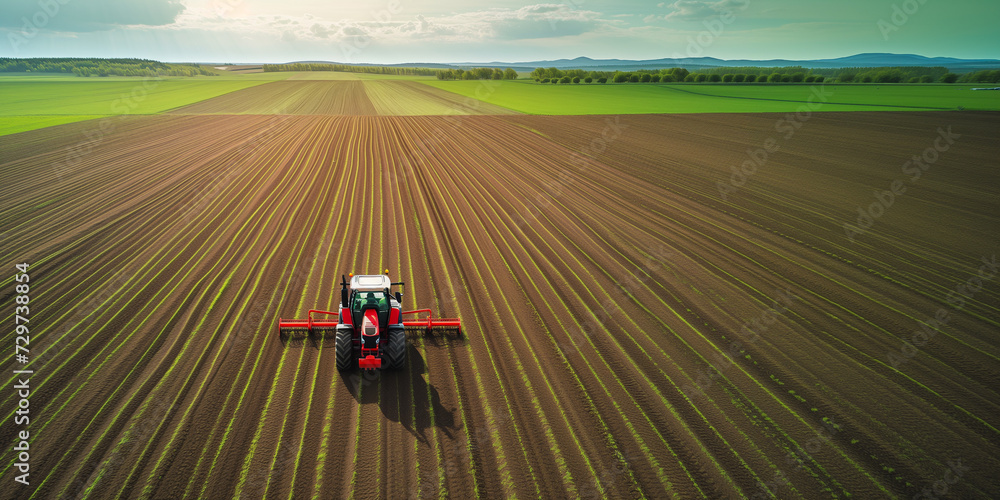 Aerial view of a modern tractor plowing vast farmland, showcasing agricultural equipment in action during the planting season, background with a place for text