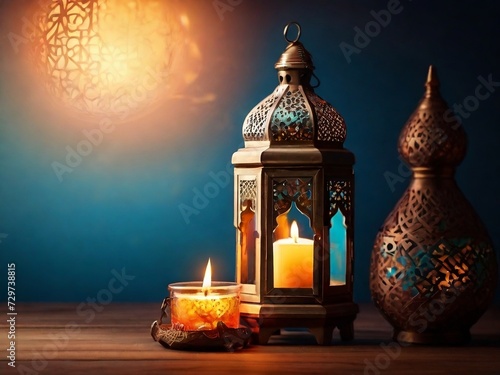 Islamic background with beautiful lantern and candle ornaments. design for banner, greeting card, poster, social media, web. illustration for Islamic holidays, AI generative design