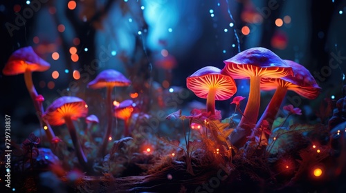 Fantasy mushrooms glowing in a dark magical enchanted woodland. © kashif 2158