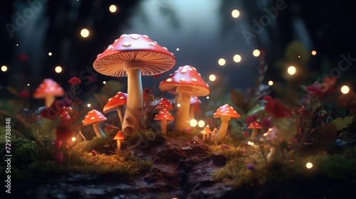Fantasy mushrooms glowing in a dark magical enchanted woodland.