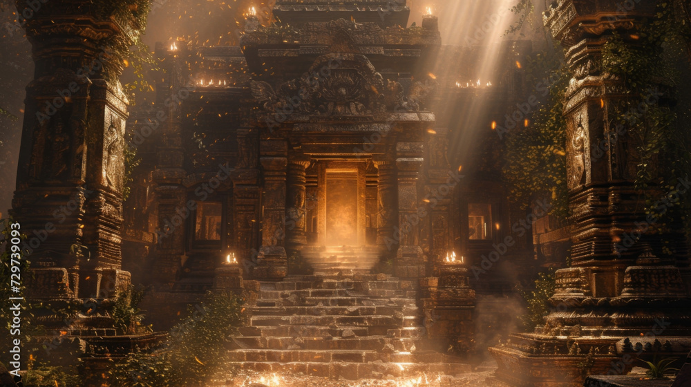 Bathed in ethereal lights an ancient temple glows with an enchanting aura weaving together light and shadow in a symphony of ethereal harmony.