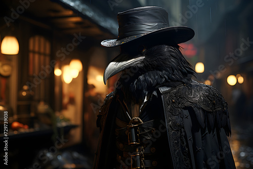 Plague doctor walks down a 18th century london alleyway at night