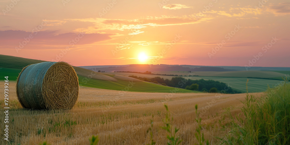 Rural sunset landscape with a single hay bale on a harvested field under a vibrant sky, depicting tranquility in the countryside, background with a place for text