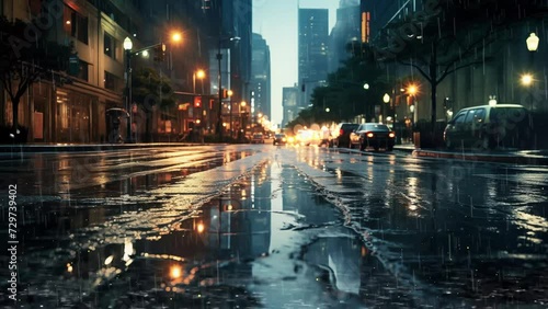 heavy rain at the crossroads and the green light. beautiful bokeh of rain and city lights. seamless looping overlay 4k virtual video animation background 