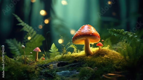 Snail crawling to mushroom in green moss, dark woodland. Fantasy forest with slug and glowing mushroom. Small wonder world, summer dreams illustration for wallpaper