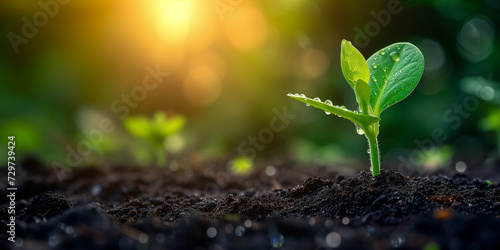 Young green plant sprouting from soil with morning dew drops, symbolizing growth and eco-friendly concepts, with sunlight in a serene natural backdrop, background with a place for text