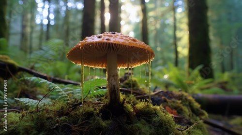 Wild mushroom growing in the lush rainforest on Vancouver Island.