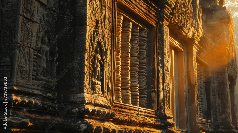 The shadowy outline of an ancient temple its intricate carvings coming to life in the backlight. The shadowy outline of an ancient temple its intricate carvings coming to life in the backlight.