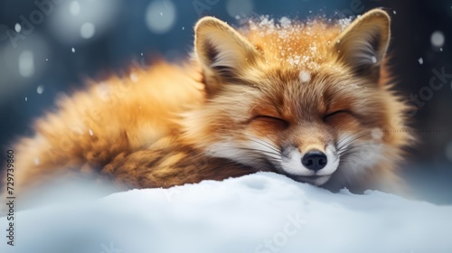 A Brown Fox is sleeping on the snow. Fox family with overly hungry faces in fox village  abstract background. beautiful scenery  perfection.