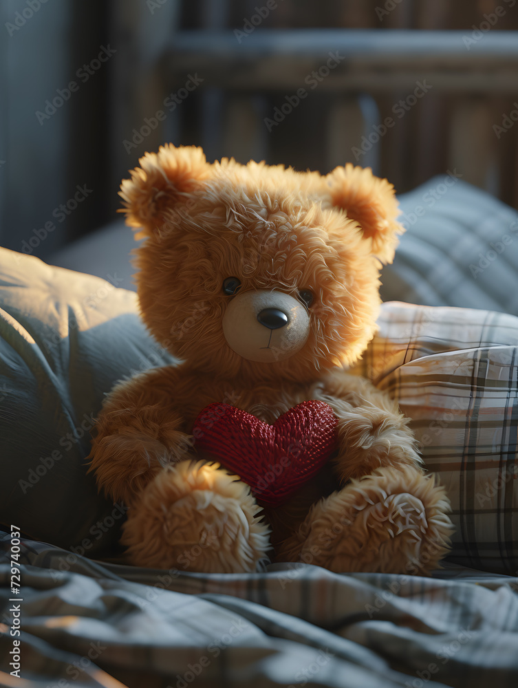 Teddy bear with heart on bed at home. Valentines day concept Teddy bear with heart on bed at home. Valentines day concept