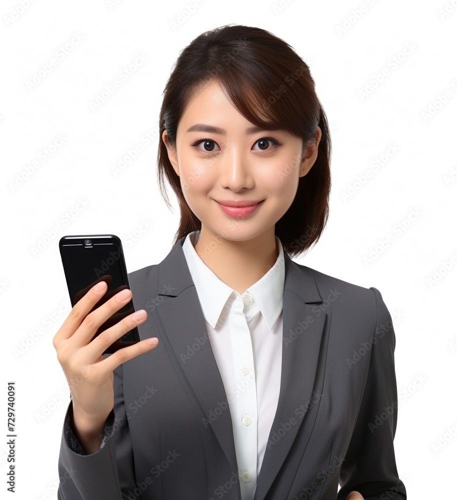asian woman smiling and wearing suits holding smartphone on solid background