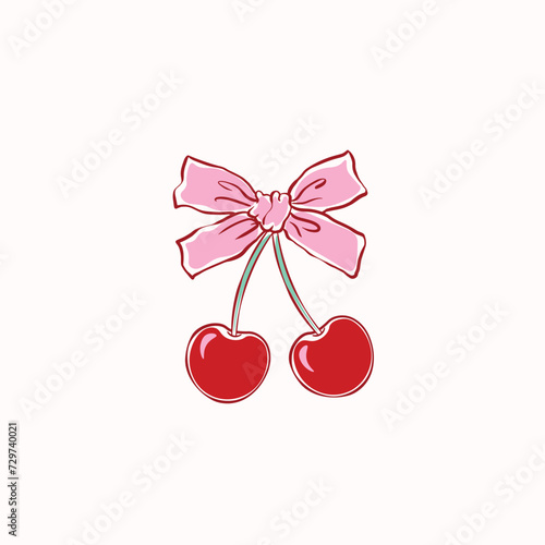 Hand drawn pink bow with cute cherry vector