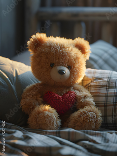 Teddy bear with heart on bed at home. Valentines day concept
