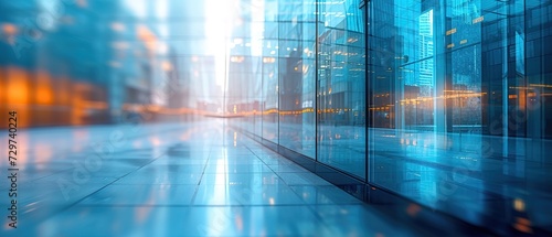 A blurred abstract of a blue glass building bathed in sunlight.