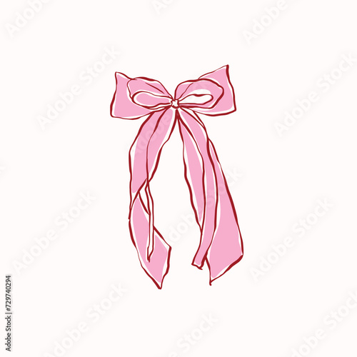 Hand drawn large pink ribbon bow,vintage style,chiffon bow clips vector. Coquette soft style
