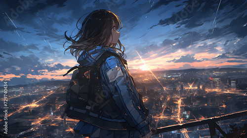 alone anime girl standing on building rooftop watching the city sky scrapers during night sky