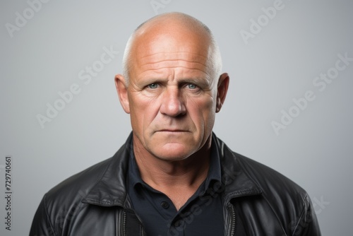 Senior man with a serious expression on his face, over grey background