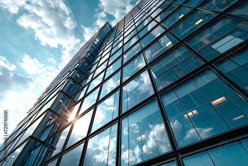 glass facade of a modern office building against a blue sky