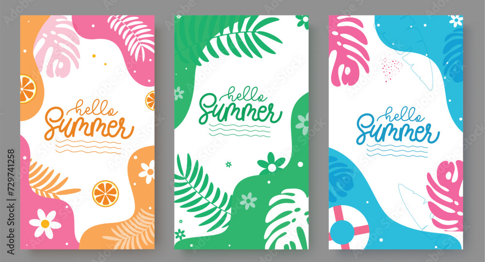 Summer hello abstract vector poster set. Hello summer greeting text with leaf and leaves decoration elements for tropical abstract template collection. Vector illustration summer abstract poster Summer hello abstract vector poster set. Hello summer greeting text with leaf and leaves decoration elements for tropical abstract template collection. Vector illustration summer abstract poster