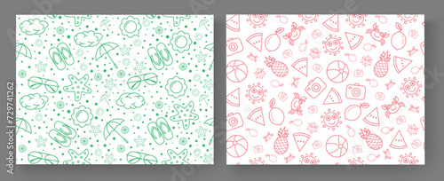 Summer seamless pattern vector poster set. Summer time doodle elements and hand drawn objects for tropical season endless collection design. Vector illustration summer seamless pattern.
