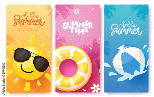 Summer hello greeting vector poster set. Summer time greeting with happy face sun, floaters and beachball tropical elements for seasonal banner collection. Vector illustration summer greeting poster.
