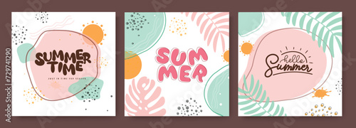 Summer time abstract vector poster set. Summer hello greeting text with tropical leaves and plants decoration elements for seasonal template collection. Vector illustration summer greeting design.
