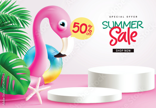 Summer sale podium text vector banner. Summer sale special offer text with pink flamingo floaters beach elements in podium product stage advertisement. Vector illustration summer sale podium design. 
