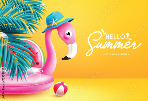 Summer hello greeting vector design. Hello summer text with pink flamingo and watermelon floaters beach elements in yellow background. Vector illustration summer greeting design.
