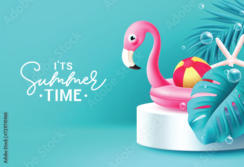 Summer time text vector banner design. It's summer time greeting with pink flamingo floaters and beachball in podium stage advertisement background. Vector illustration summer time design. 
