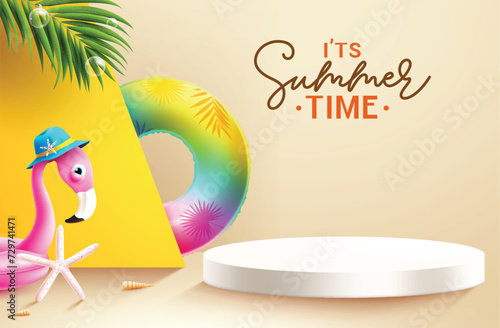 Summer time podium vector banner design. It's summer time greeting text with beach elements decoration for seasonal product presentation. Vector illustration summer time banner. 
