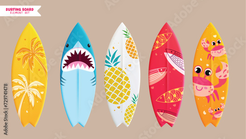Summer surfboard element vector set. Summer surfing board with shark, pineapple, fish and crab pattern collection for beach water sport activity. Vector illustration surfboard collection.  
