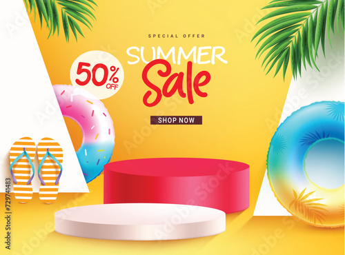 Summer sale podium vector banner design. Summer special offer text with floaters elements and podium stage for seasonal shopping advertisements. Vector illustration summer sale banner design. 
