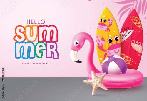 Hello summer greeting vector design. Summer hello text with flamingo floaters, crab and fish pattern surfboard elements for tropical season background. Vector illustration summer hello greeting design