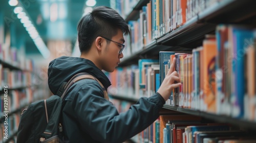 Side view of Student Searching Books on Bookshelf in Library at University