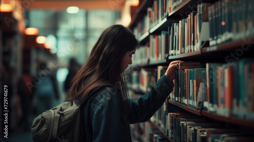 Side view of Student Searching Books on Bookshelf in Library at University