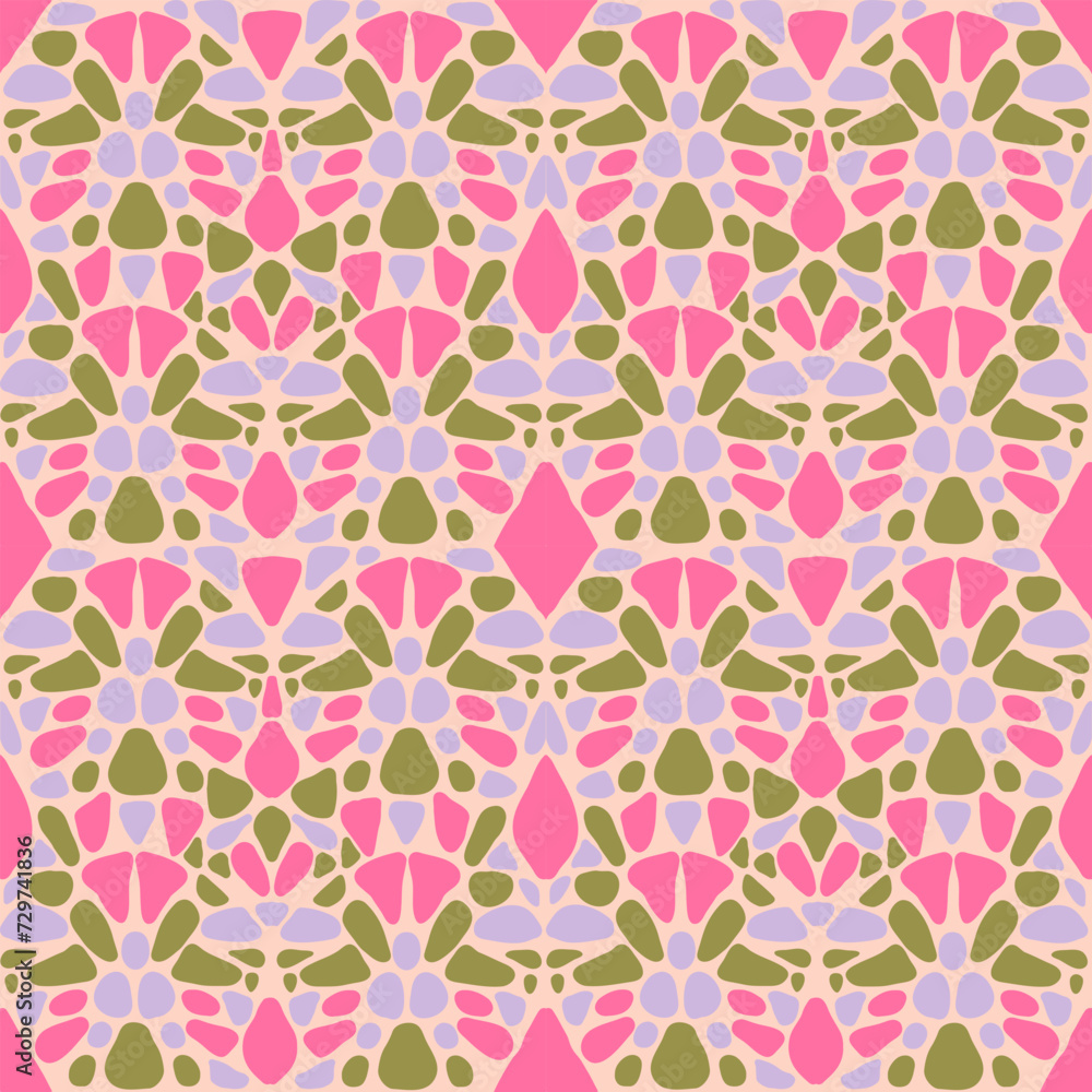 Minimalistic seamless groovy pattern with mosaic. Trendy Naive Vector Background in 1970s. Can be used for Print on fabric, wrapping paper, wallpaper.