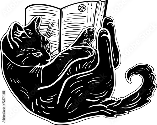 Dark witchy illustration of a magic cat with book. Tattoo art style.