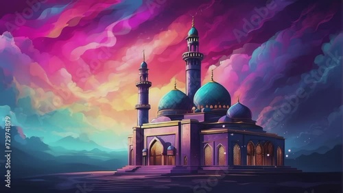 animated illustration of a magnificent mosque with backdrop of wavy, vibrant colored clouds photo