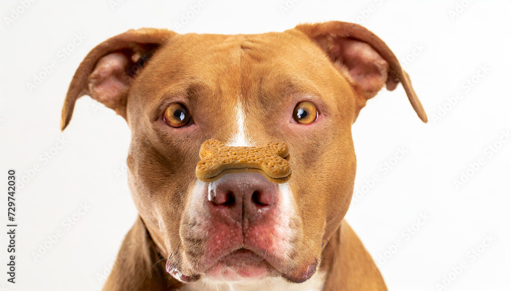 cute pit-bull dog with bone shaped cookie on nose, 16:9 widescreen image isolated on white background

