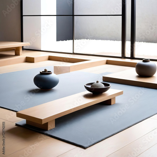 Minimalistic Study with Zen Garden - Architectural Details in Monochromatic Elegance Gen AI photo