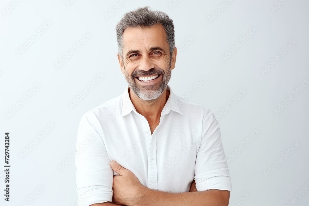 Handsome mature man smiling and looking at camera while standing against grey background Handsome mature man smiling and looking at camera while standing against grey background