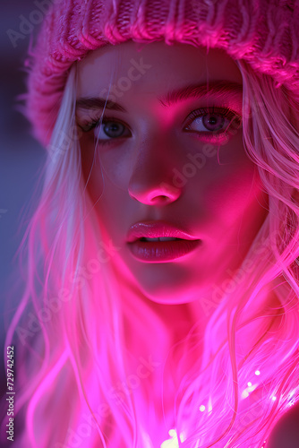 Portrait of a beautiful girl with pink hair in neon light.Illuminated Elegance.